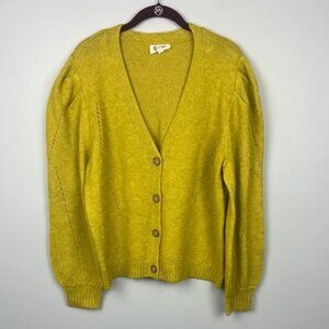 Candace Cameron Bure large button down v neck pleat shoulder cardigan